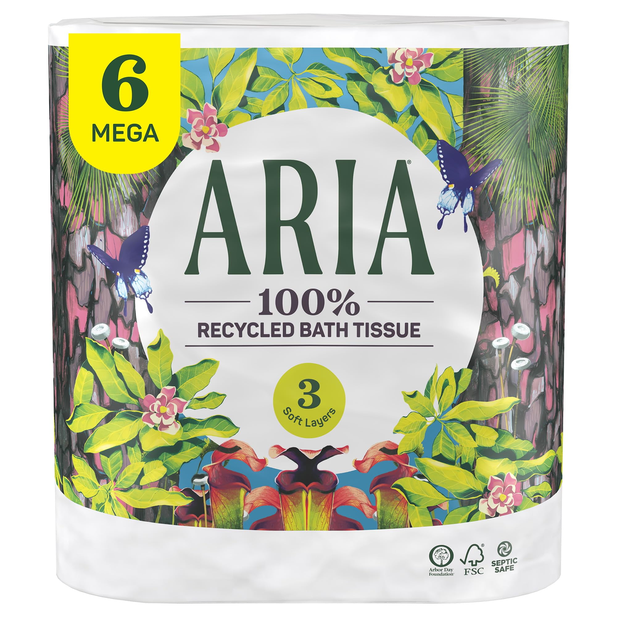 Aria 100 Recycled Toilet AIF4 Paper, 1 Pack of 6 Rolls, 3 Soft Layers