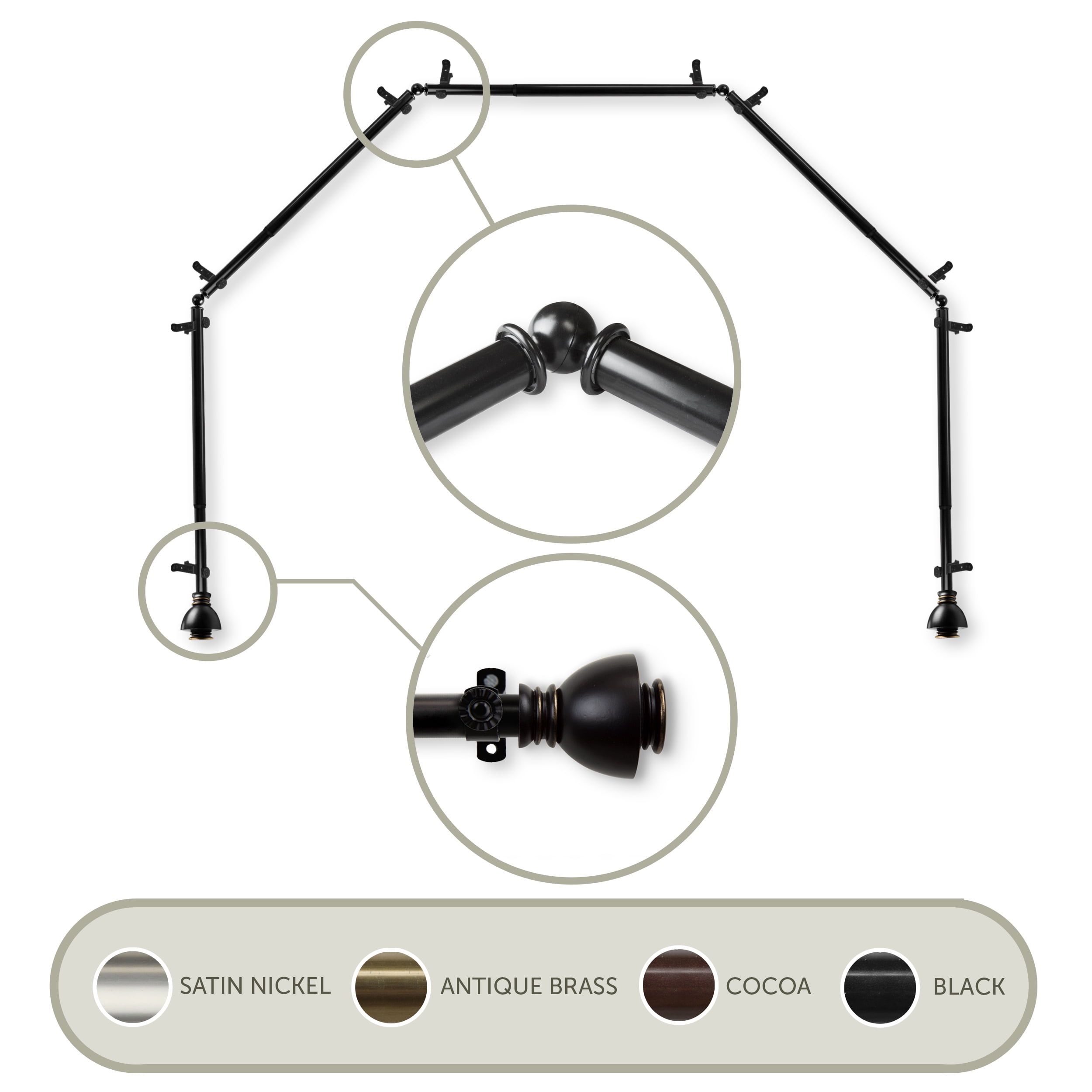 Aria 13/16" 5-Sided Bay Window Curtain Rod - Black