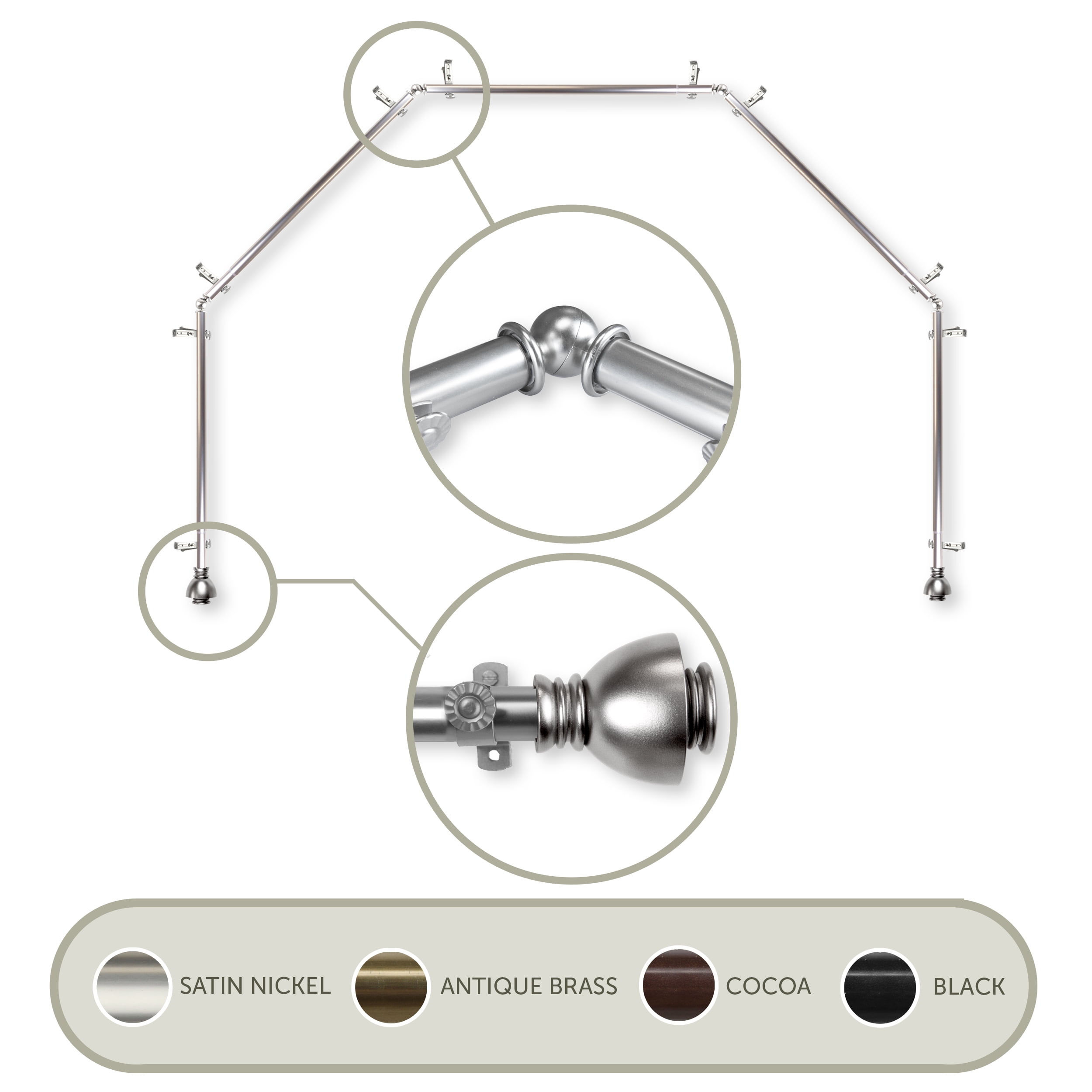 Aria 13/16" 5-Sided Bay Window Curtain Rod - Satin Nickel
