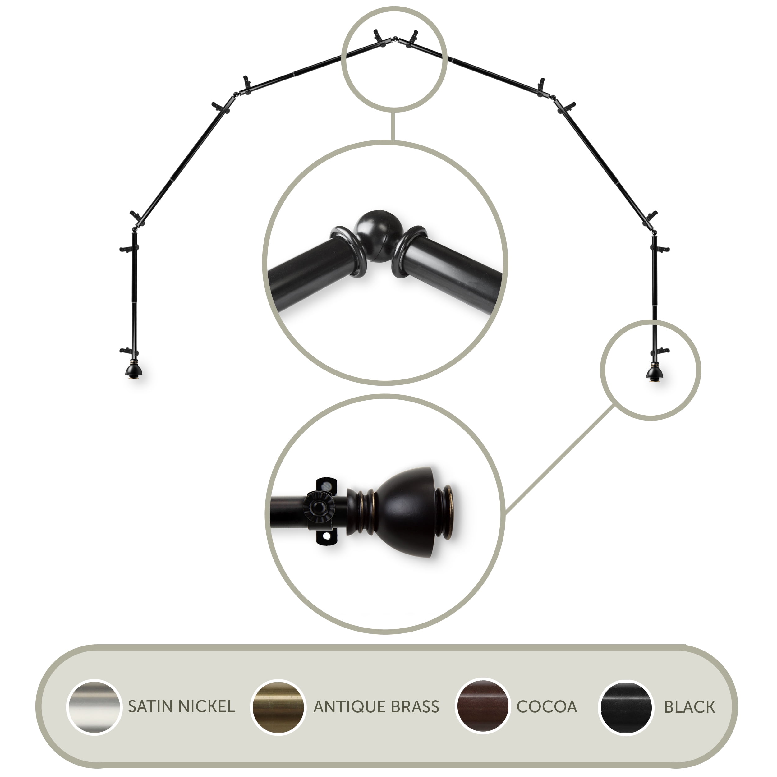 Aria 13/16" 6-Sided Bay Window Curtain Rod - Black
