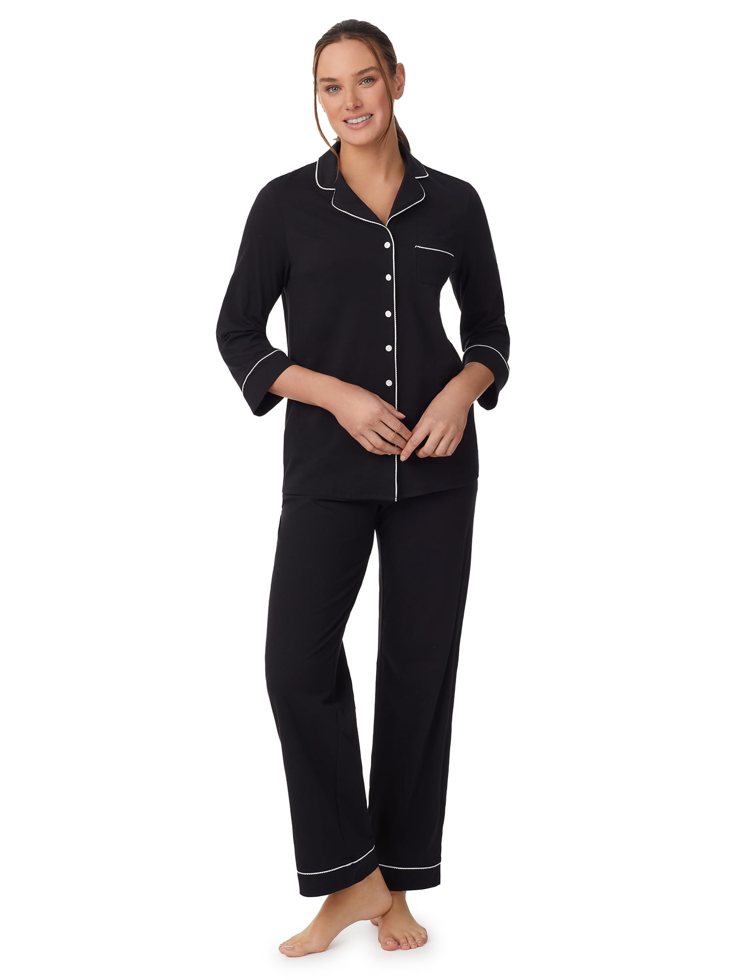 Aria Women's 3/4 Sleeve Notch Collar Pajama Set, 100% BCI Cotton, Sizes ...