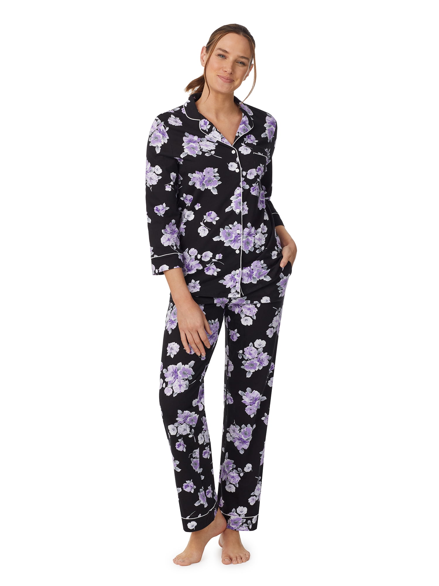 Aria 3 4 Sleeve 100 Cotton Notch Collar Pajama Set with Pockets