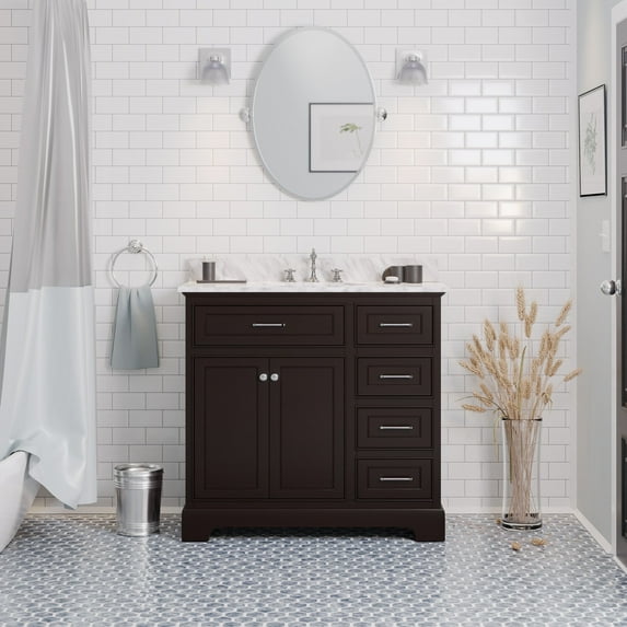 Aria 36" Bathroom Vanity with Chocolate Cabinet and Carrara Marble Top