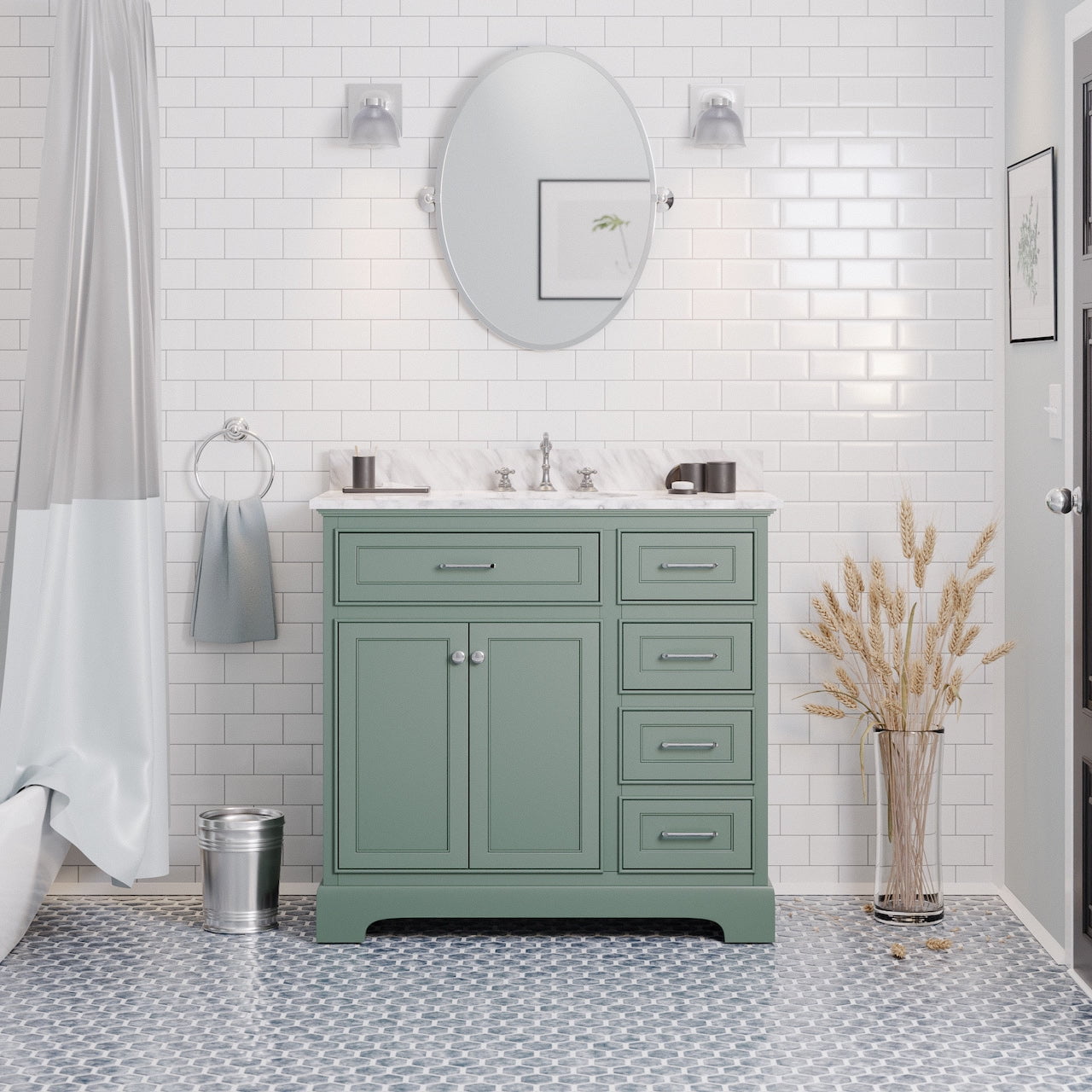 Aria 36" Bathroom Vanity with Sage Green and Carrara Marble Top