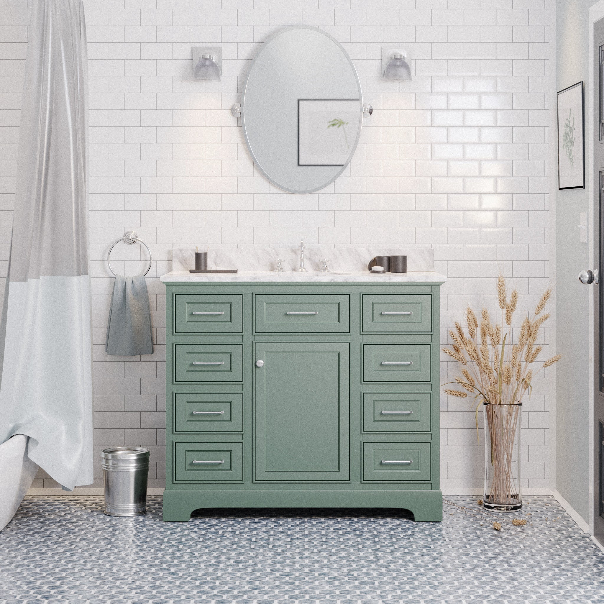 Aria 42" Bathroom Vanity with Sage Green Cabinet and Carrara Marble Top ...