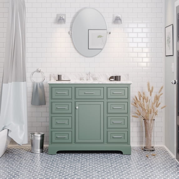 Aria 42" Bathroom Vanity with Sage Green Cabinet and Carrara Marble Top