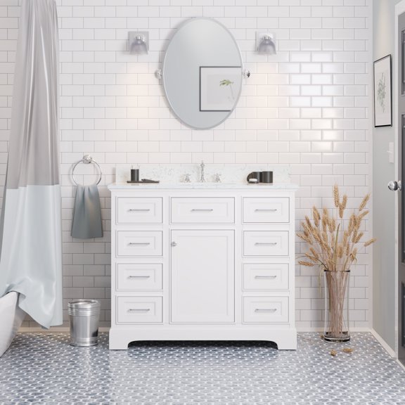 Aria 42" Bathroom Vanity with White Cabinet and Engineered Marble Top