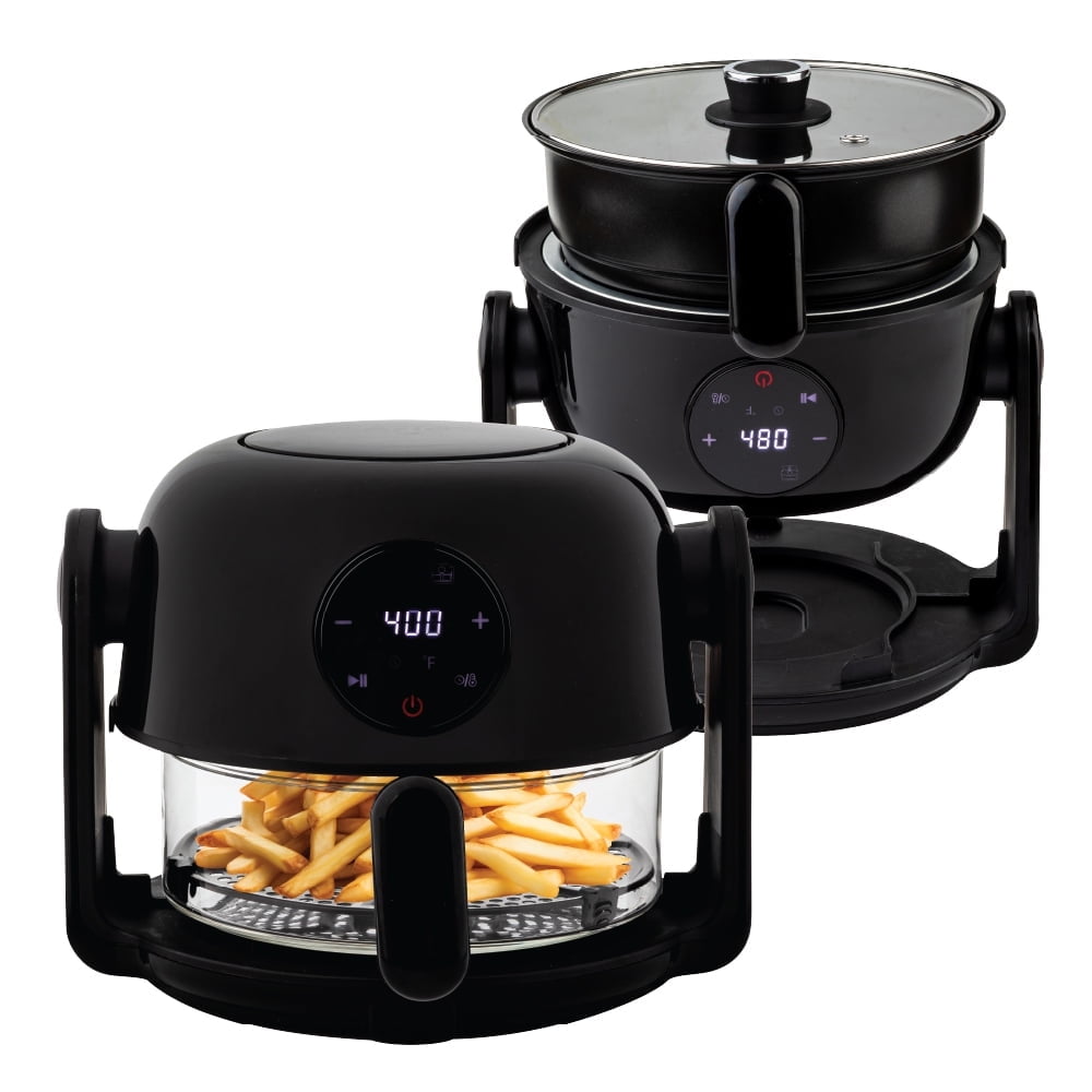 Aria 4Qt Flip Air Fryer with Touch Screen, 4Qt Capacity, Borosilicate Glass Basket & Sear Pan, Toxin-Free, Dual Cooking Modes, Dishwasher Safe