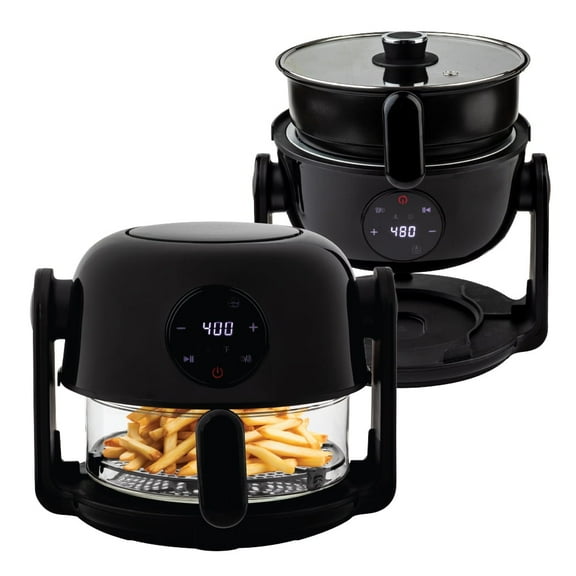 Aria 4Qt Flip Air Fryer with Touch Screen, 4Qt Capacity, Borosilicate Glass Basket & Sear Pan, Toxin-Free, Dual Cooking Modes, Dishwasher Safe