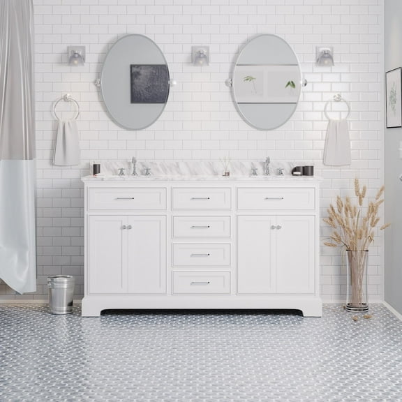 Aria 60" Double Bathroom Vanity with White Cabinet and Carrara Marble Top