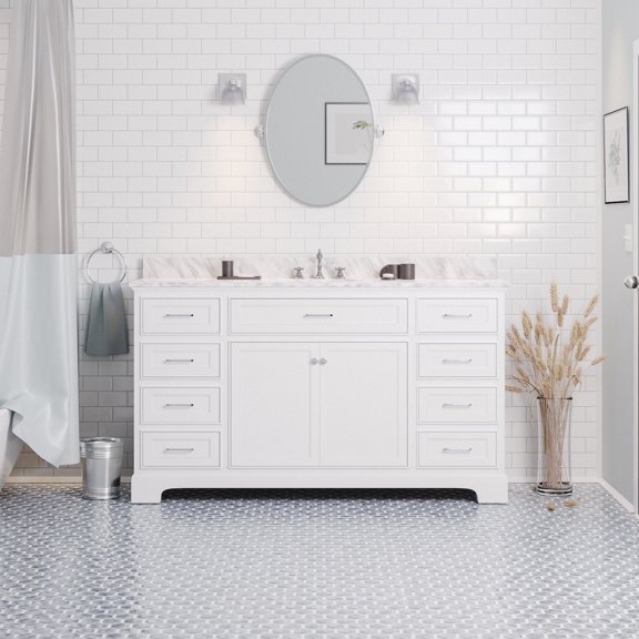Aria 60" Single Bathroom Vanity with White Cabinet and Carrara Marble Top