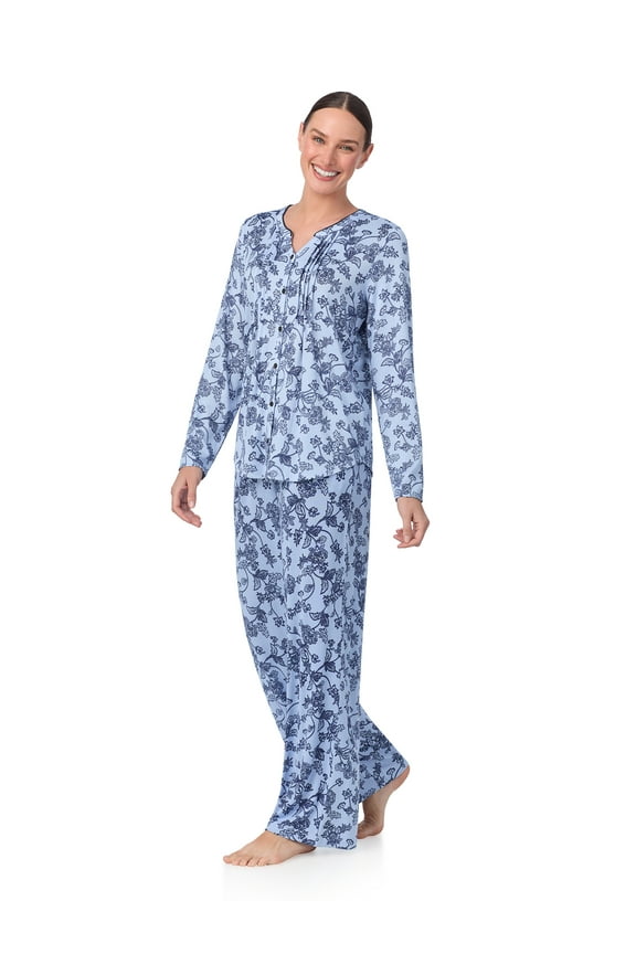 Brushed Jersey Knit Long Sleeve Split Neck Pajama Set with Pockets, Sizes XS-5X