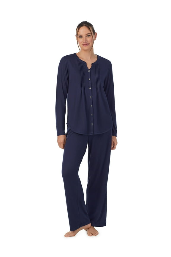 Brushed Jersey Knit Long Sleeve Split Neck Pajama Set with Pockets, Sizes XS-5X