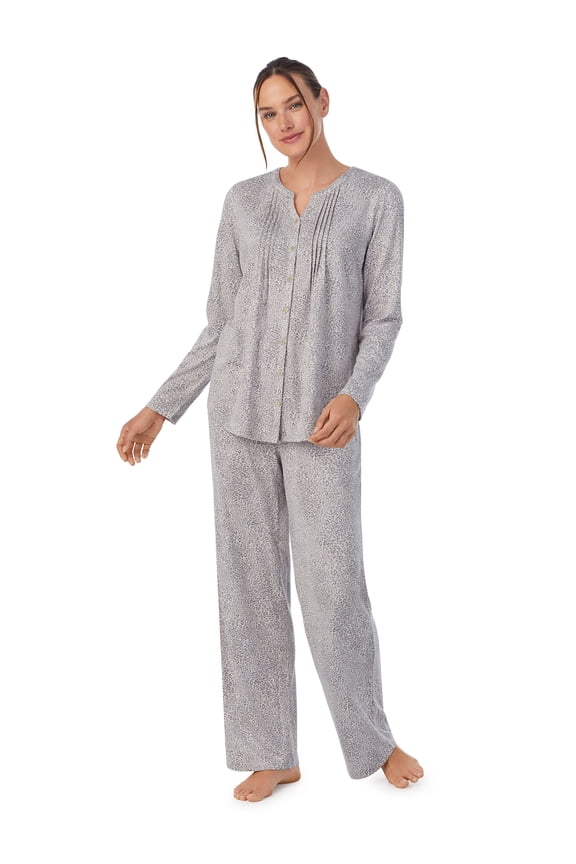 Brushed Jersey Knit Long Sleeve Split Neck Pajama Set with Pockets, Sizes XS-5X
