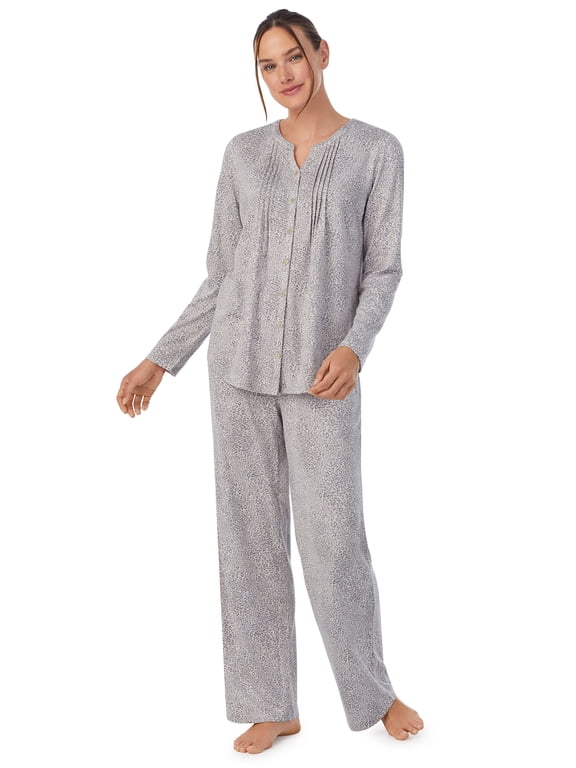 Brushed Jersey Knit Long Sleeve Split Neck Pajama Set with Pockets, Sizes XS-5X