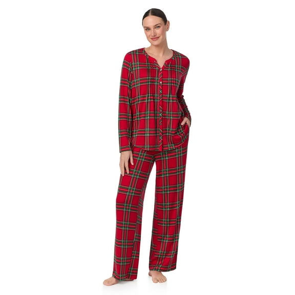 Aria Brushed Jersey Knit Long Sleeve Split Neck Pajama Set with Pockets, Sizes XS-5X