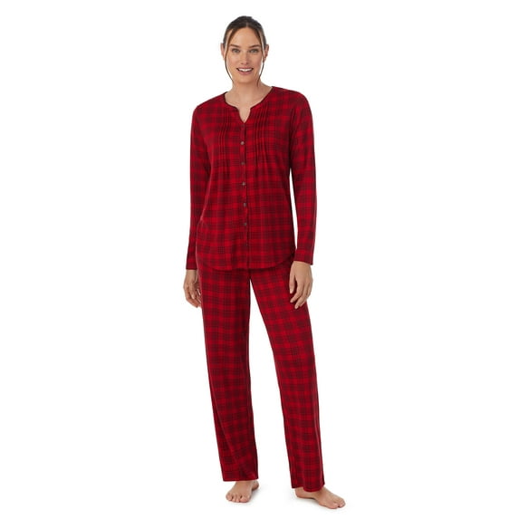 Aria Brushed Jersey Knit Long Sleeve Split Neck Pajama Set with Pockets, Sizes XS-5X