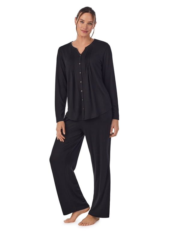 Brushed Jersey Knit Long Sleeve Split Neck Pajama Set with Pockets, Sizes XS-5X