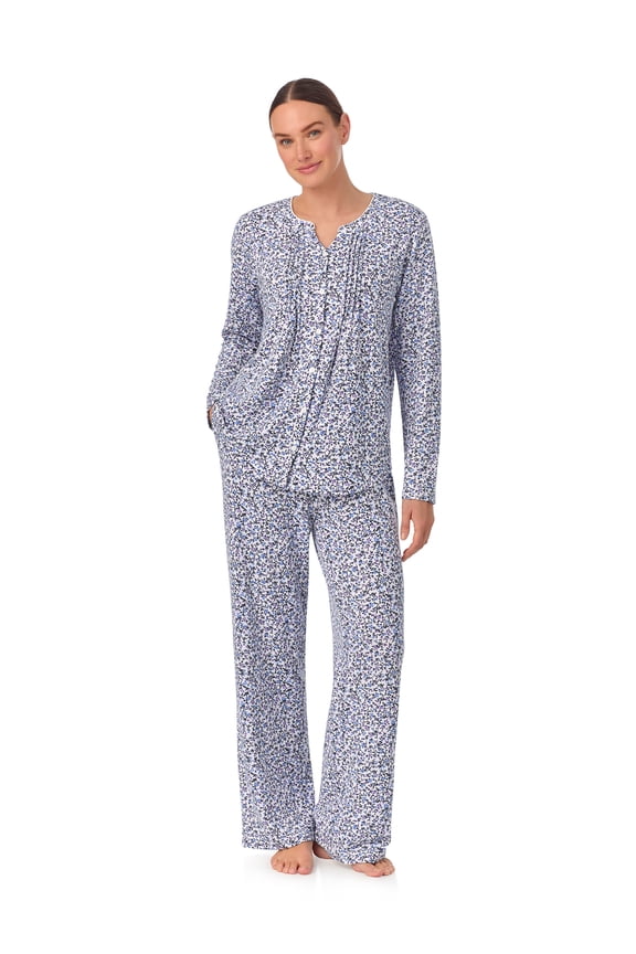 Brushed Jersey Knit Long Sleeve Split Neck Pajama Set with Pockets, Sizes XS-5X