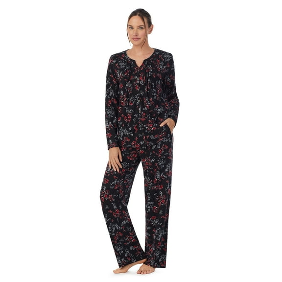 Aria Brushed Jersey Knit Long Sleeve Split Neck Pajama Set with Pockets, Sizes XS-5X