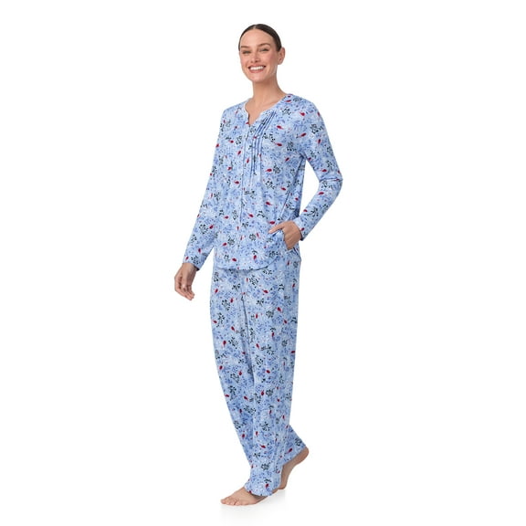 Aria Brushed Jersey Knit Long Sleeve Split Neck Pajama Set with Pockets, Sizes XS-5X