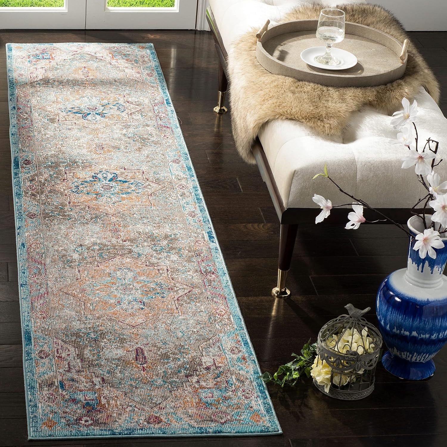 SAFAVIEH Merlot Collection Runner Rug 2' X 8' - Bohemian Medallion Pattern In Blue & Multi, Distressed Vintage Look