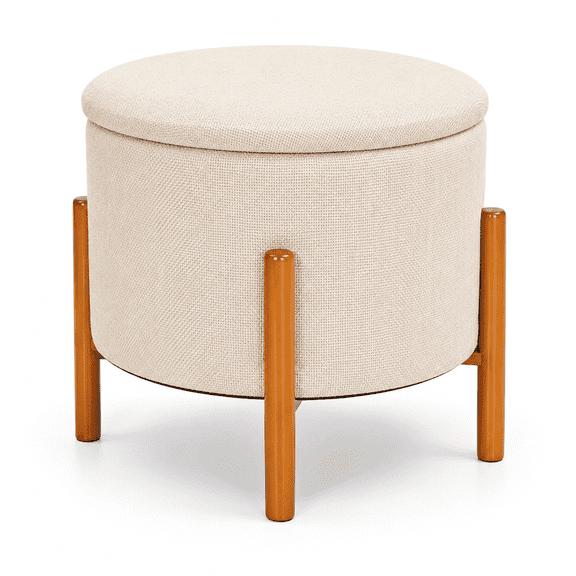 Aria Home 4-in-1 Round Linen Storage Ottoman with Reversible Wood Tray Top, Pine Legs, Hidden Storage, Footrest and Extra Seating, Beige