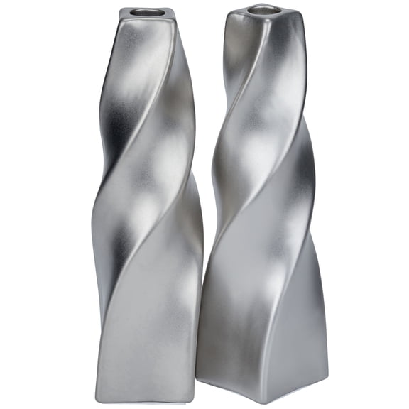 Aria Home Ceramic Taper Candle Holder Set of 2, Curved Home Décor 11 in Titanium Silver