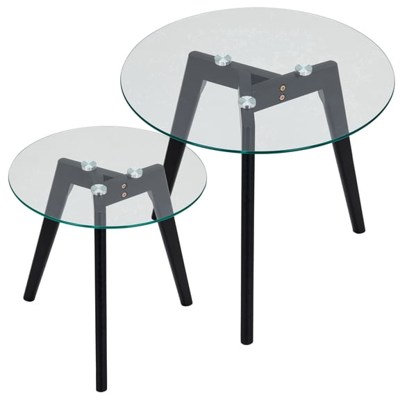 Aria Home Mid Century Modern Nesting End Tables Set Of 2 Piece Glass Wood 20", Black