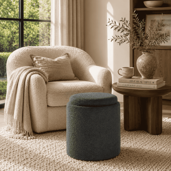 Aria Home Esme Boucle Storage Ottoman with Removable Tray, 15 in Accent Stool, Gray