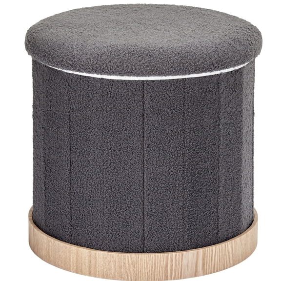 Aria Home Round Teddy Fabric Storage Ottoman Folding Footstool with Hidden Storage 17", Gray