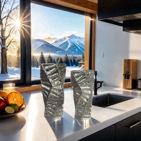 Aria Home Set of 2 Ceramic Vases with 3D Triangle Pattern, 10.5 in and 9.5 in Twisted Decorative Vases for Home and Table Decor, Titanium Silver