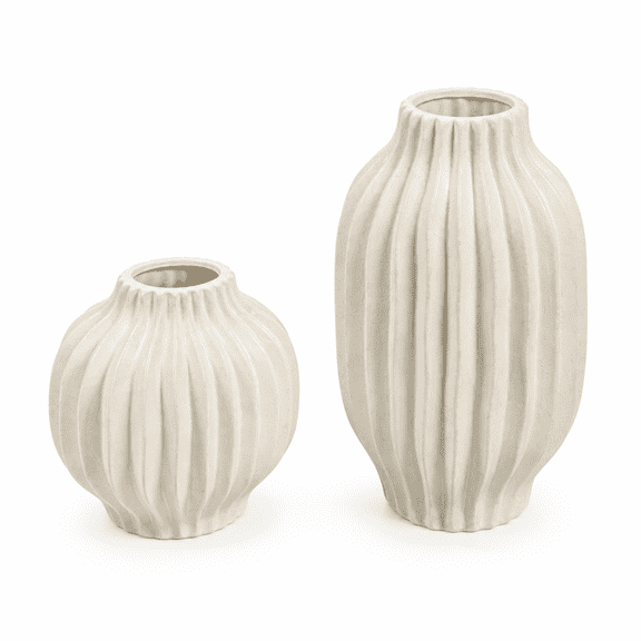 Aria Home Set of 2 Modern Ceramic Vases, Vertical Grooved Textured Decorative Vases White