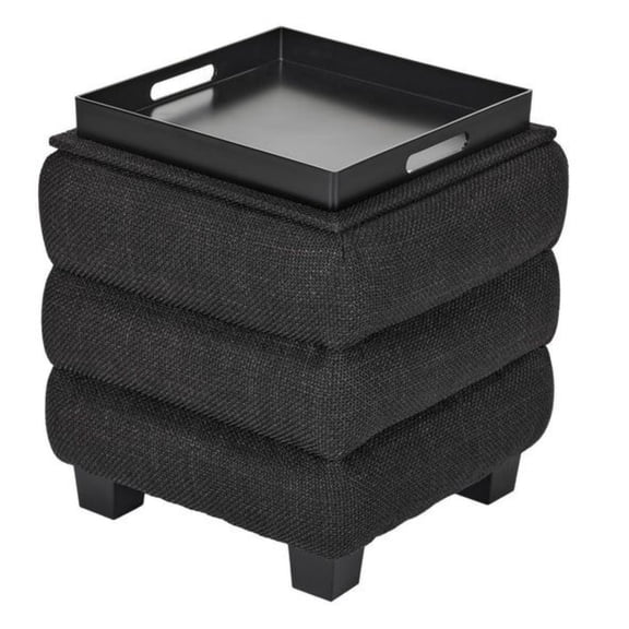 Aria Home Tessa Linen Cube Storage Ottoman Tray Top, Compact Footstool & Side Table, Black