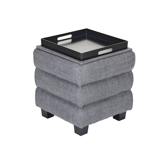 Aria Home Tessa Linen Storage Ottoman Cube with Tray Top, DARK GREY Footrest Seat