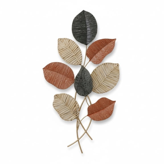 Aria Home Textured Autumn Leaf Metal Wall Art Vertical Living Room Nature Decor, Rust Cream