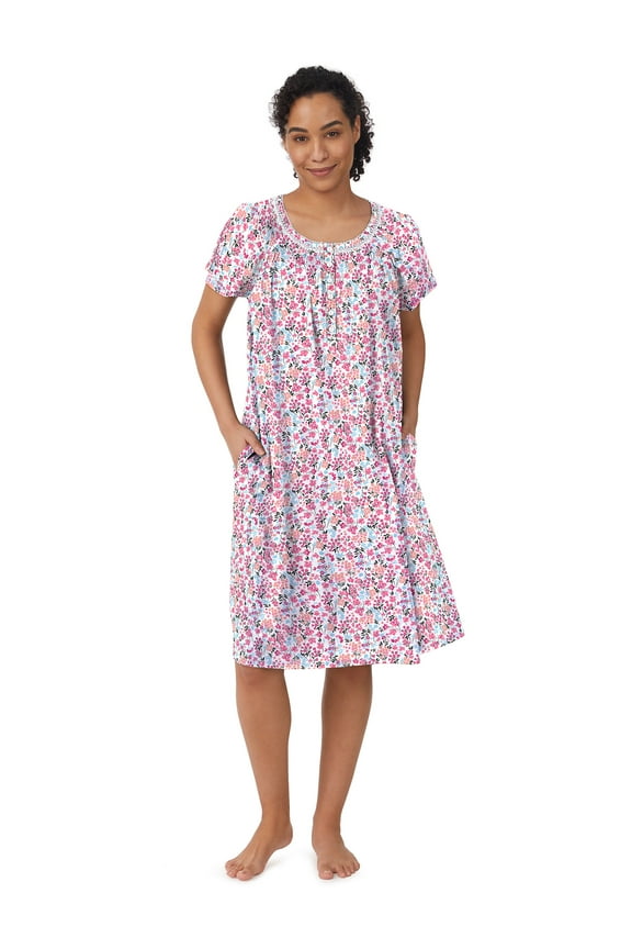 Women's 100% Cotton Raglan Sleeve Smocked Neck 40" Sleepwear Gown, Sizes XS-5X