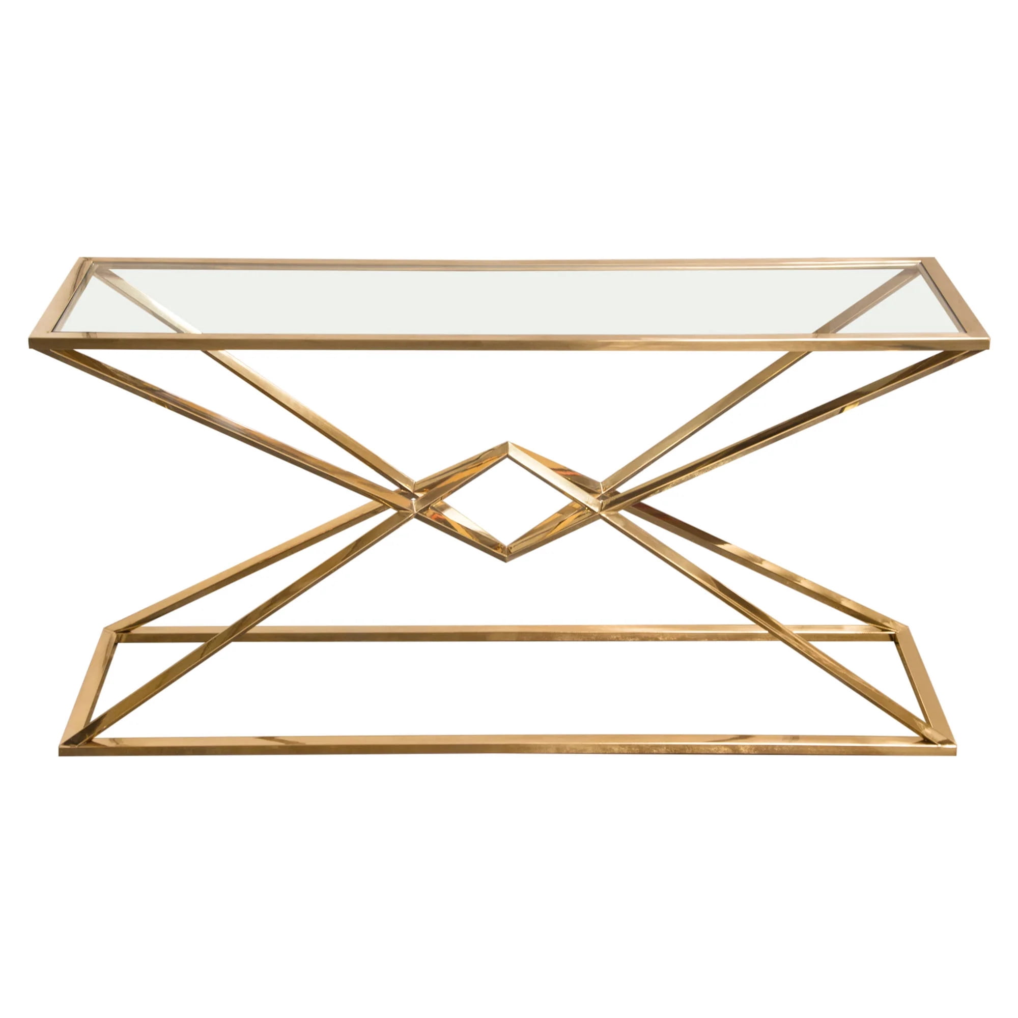 Aria Rectangle Stainless Steel Console Table w/ Polished Gold Finish Base  Clear, Tempered Glass Top by Diamond Sofa