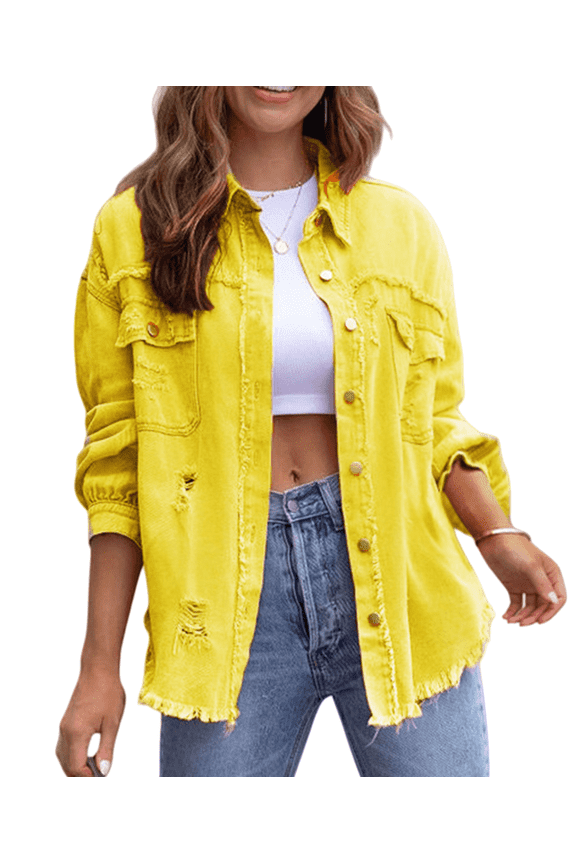 Women's Distressed Denim Jacket - Raw Edge Casual Jean Jacket S-2XL