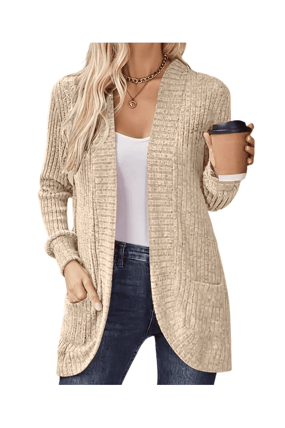 Women's Long Sleeve Everyday Cardigan - Versatile Open Front Sweater Army Green, Black, Khaki, Light Apricot S-2XL