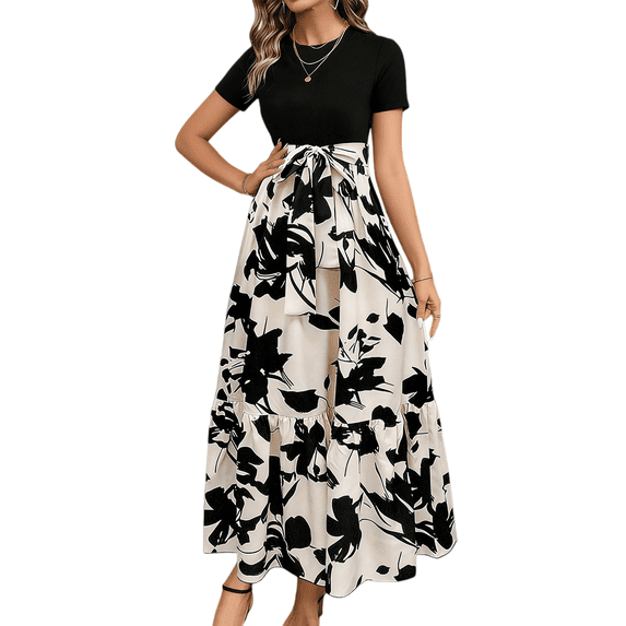 Aria Romance Women's Printed Short Sleeve Dress - Round Neck Casual Swing Dress S-2XL