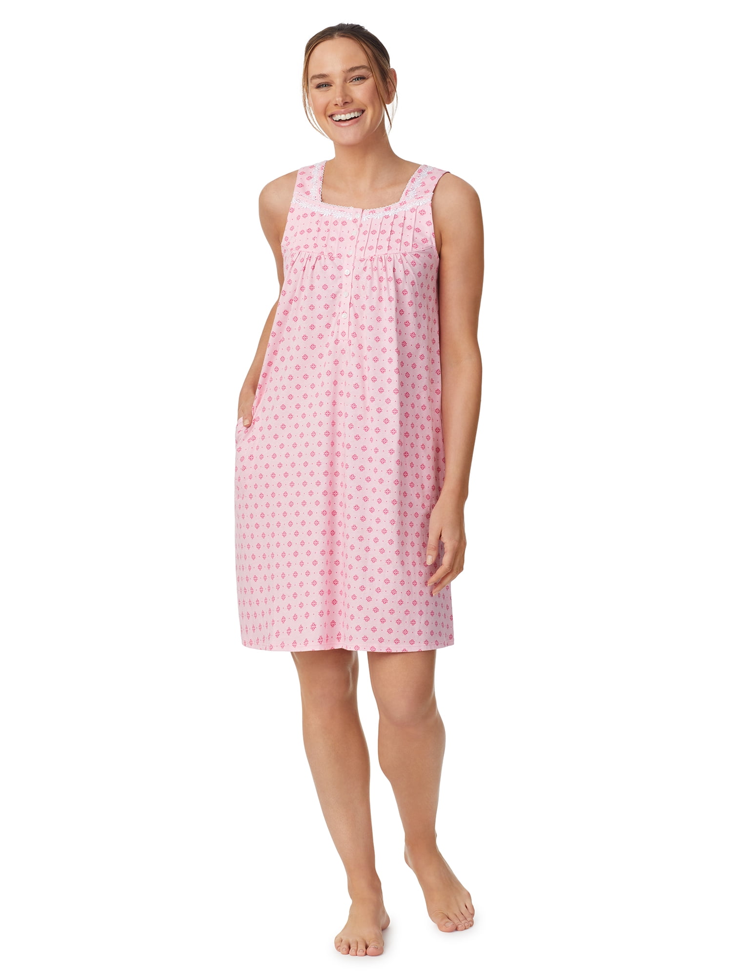 All-Cotton Nightgown with Pockets - Short Sleeve Nightdress