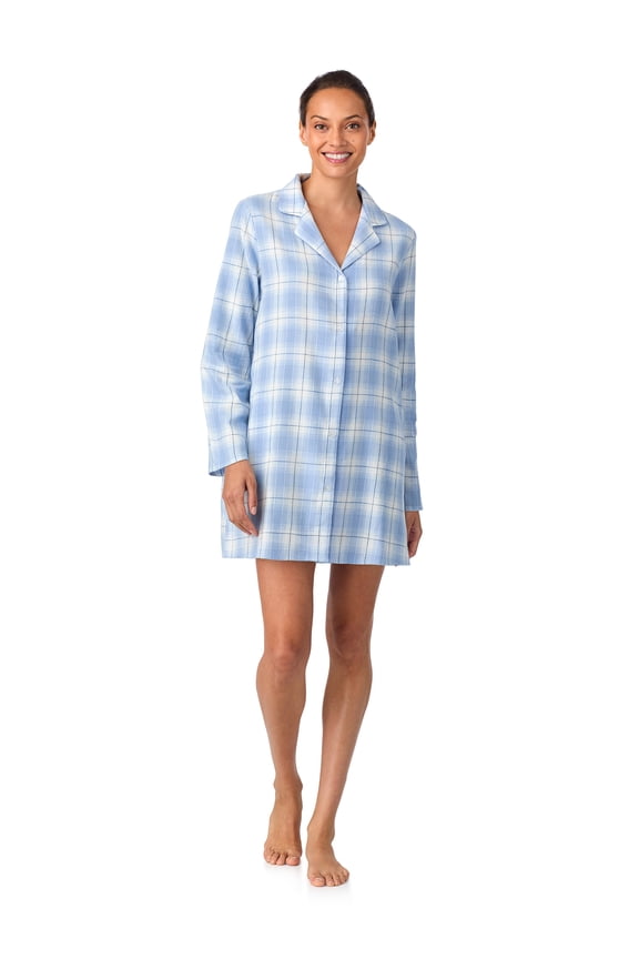 Women's 100% Cotton Flannel Long Sleeve Notch Collar 34" Sleepshirt, Sizes XS-XXL
