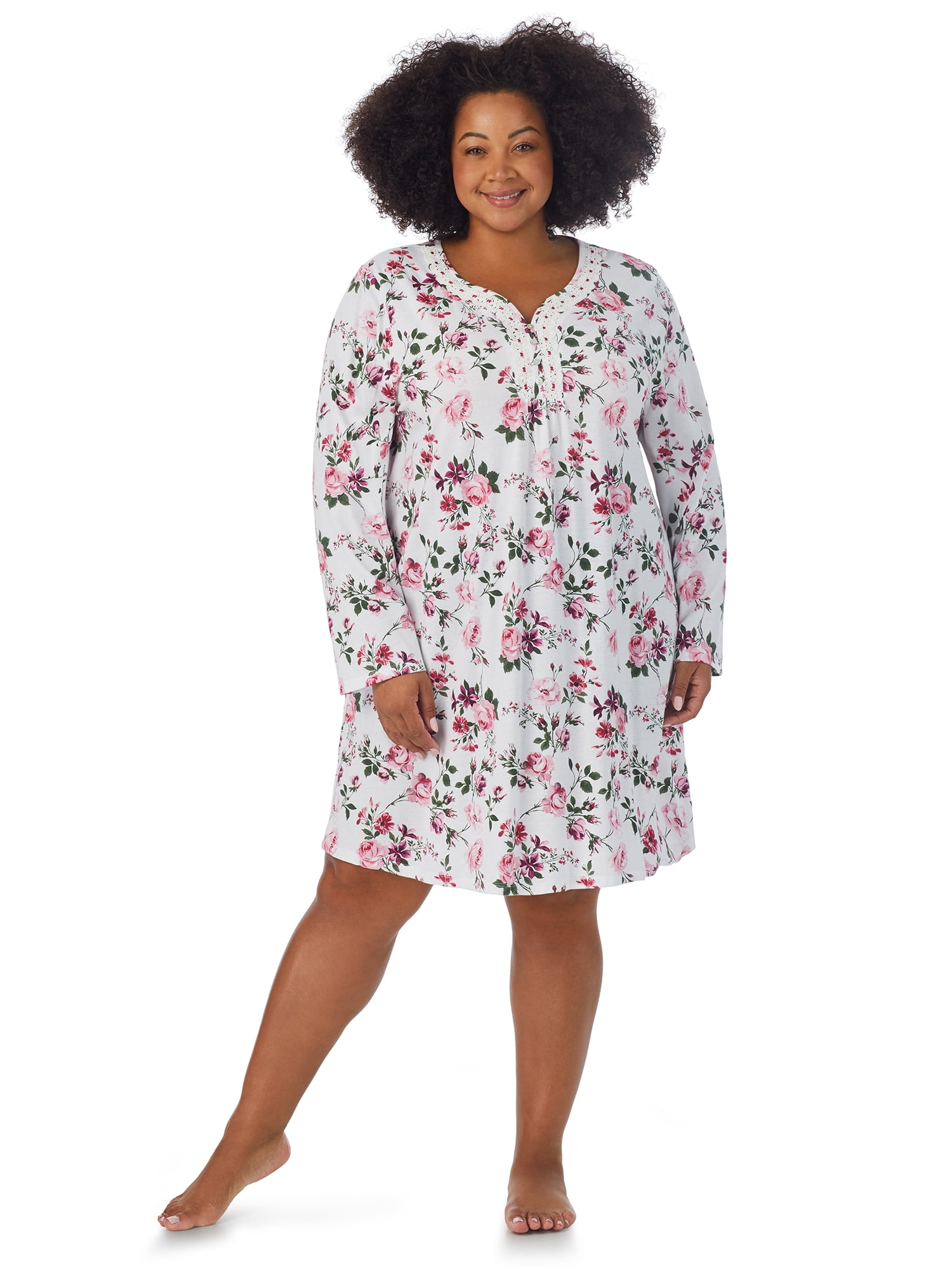 Aria Women's 100% Cotton Long Sleeve V-Neck Nightgown, Sizes S-3X ...