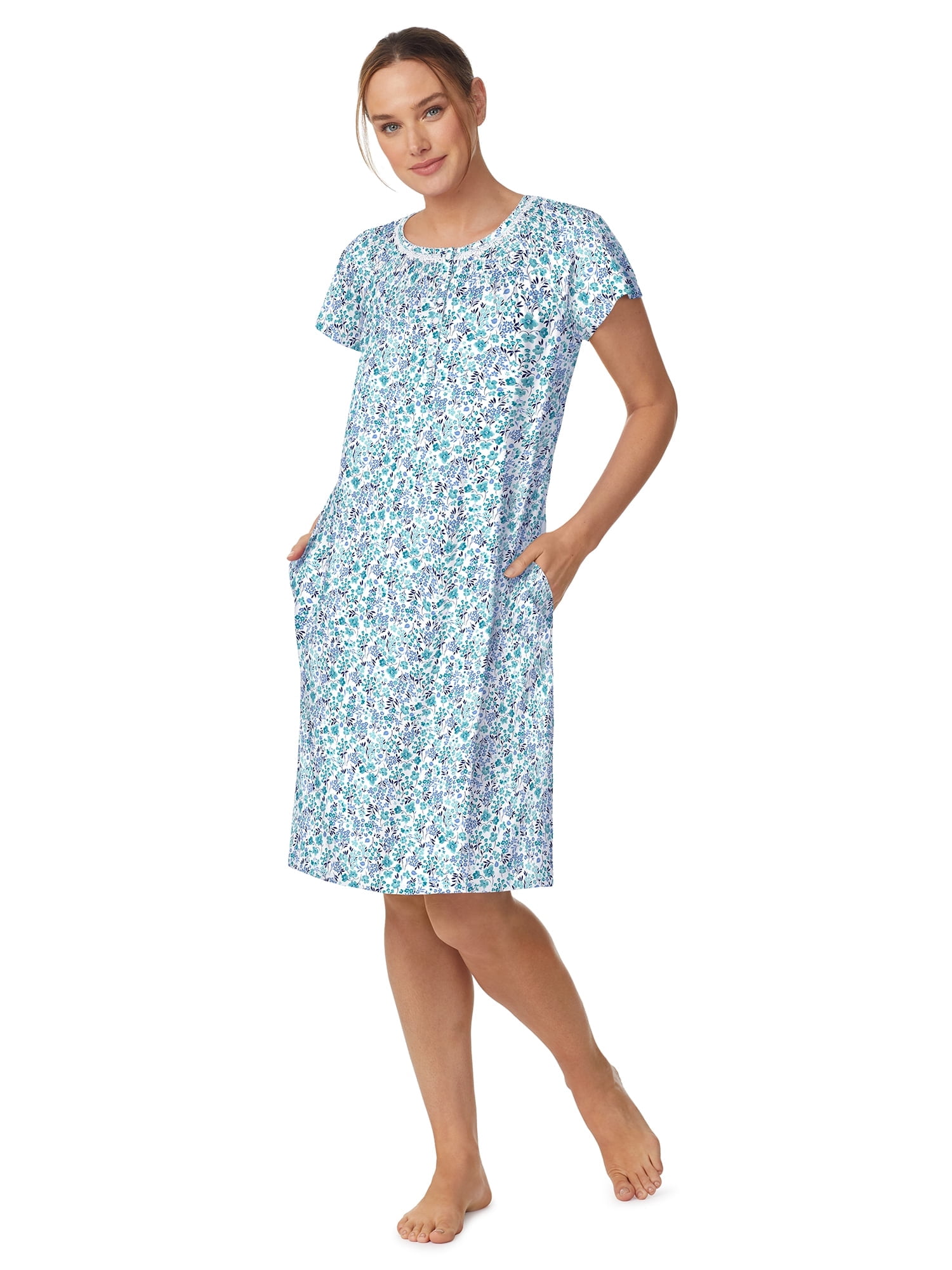 Women's 100% Cotton Raglan Sleeve Smocked Neck 40" Sleepwear Gown, Sizes XS-5X