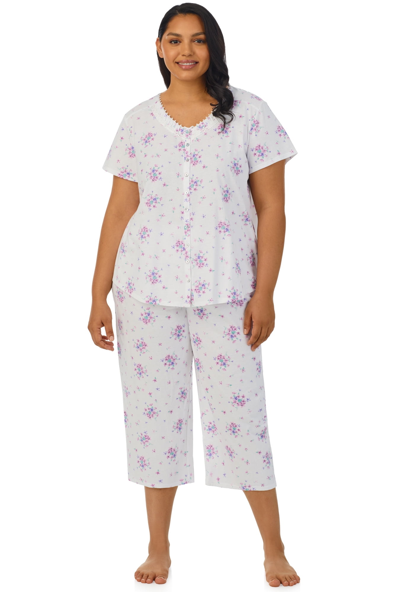 Aria Women s 100 Cotton Short Sleeve V Neck Capri Pajama Set Sizes XS 4X