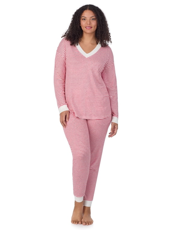 Women’s Brushed Jersey V-Neck Long Sleeve and Jogger 2pc Sleepwear Set, Sizes XS-4X