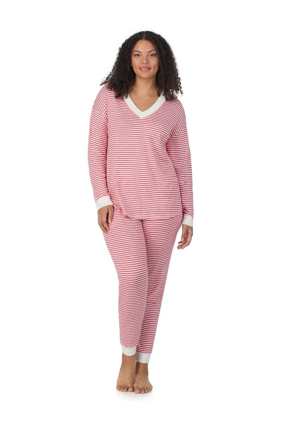 Women’s Brushed Jersey V-Neck Long Sleeve and Jogger 2pc Sleepwear Set, Sizes XS-4X
