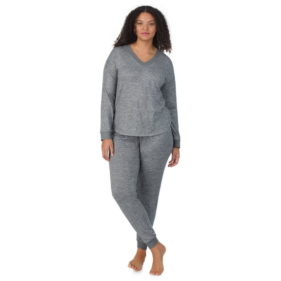 Aria Women’s Brushed Jersey V-Neck Long Sleeve and Jogger 2pc Sleepwear Set, Sizes XS-4X