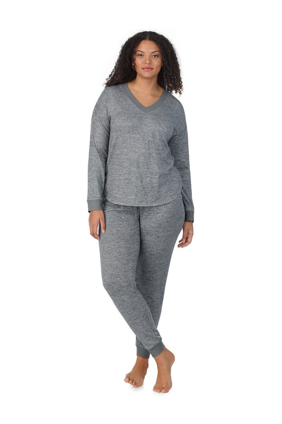 Women’s Brushed Jersey V-Neck Long Sleeve and Jogger 2pc Sleepwear Set, Sizes XS-4X